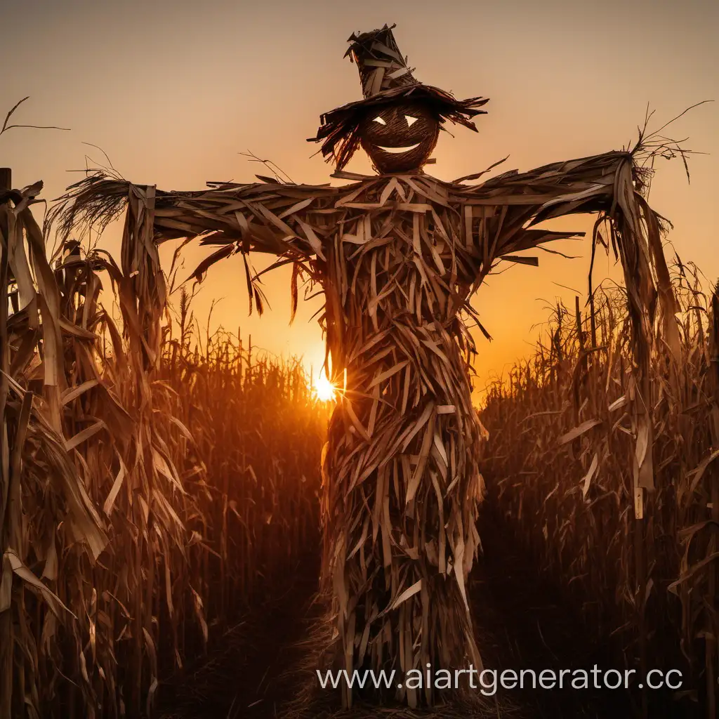 Rustic-Scarecrow-Crafted-from-Corn-Husks-in-a-Golden-Sunset-Cornfield
