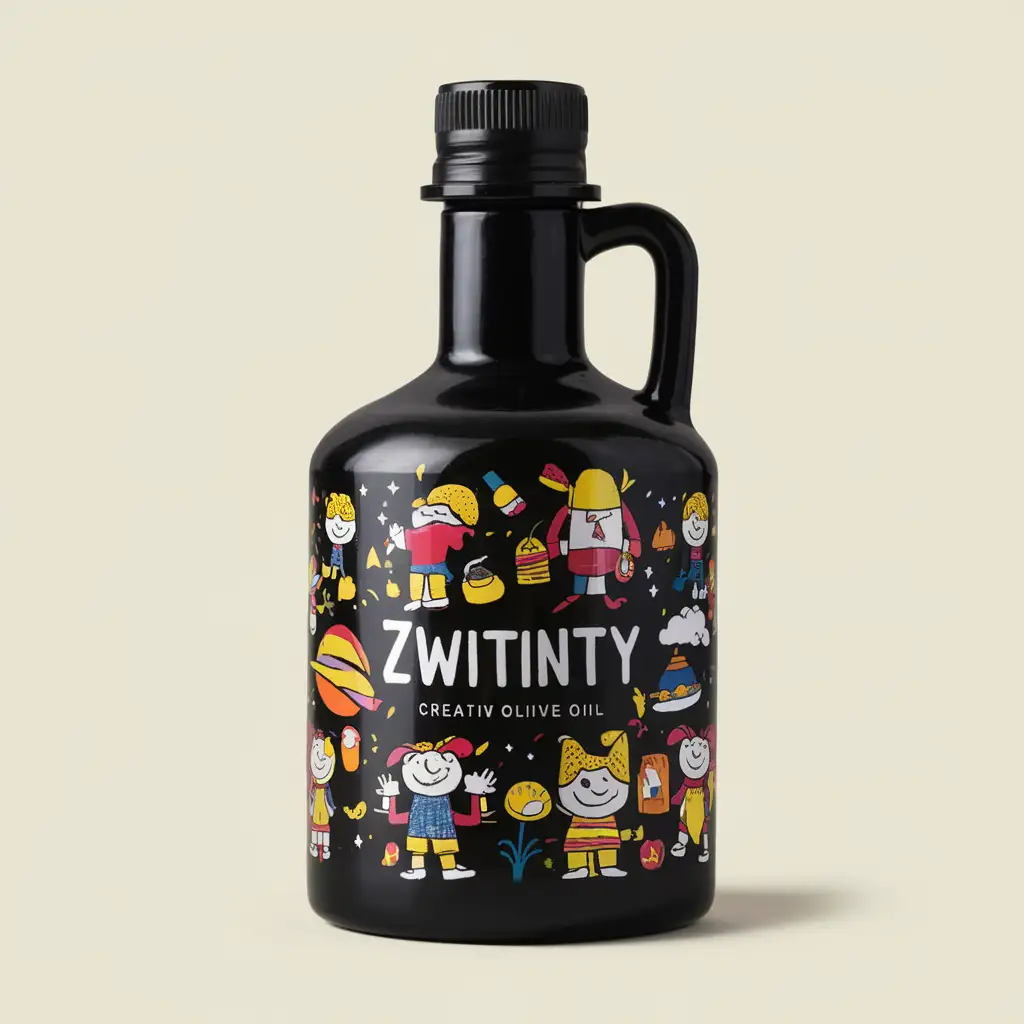 une étiquette de huile d'olive noir avec le nom "Zwitinty" pour enfant