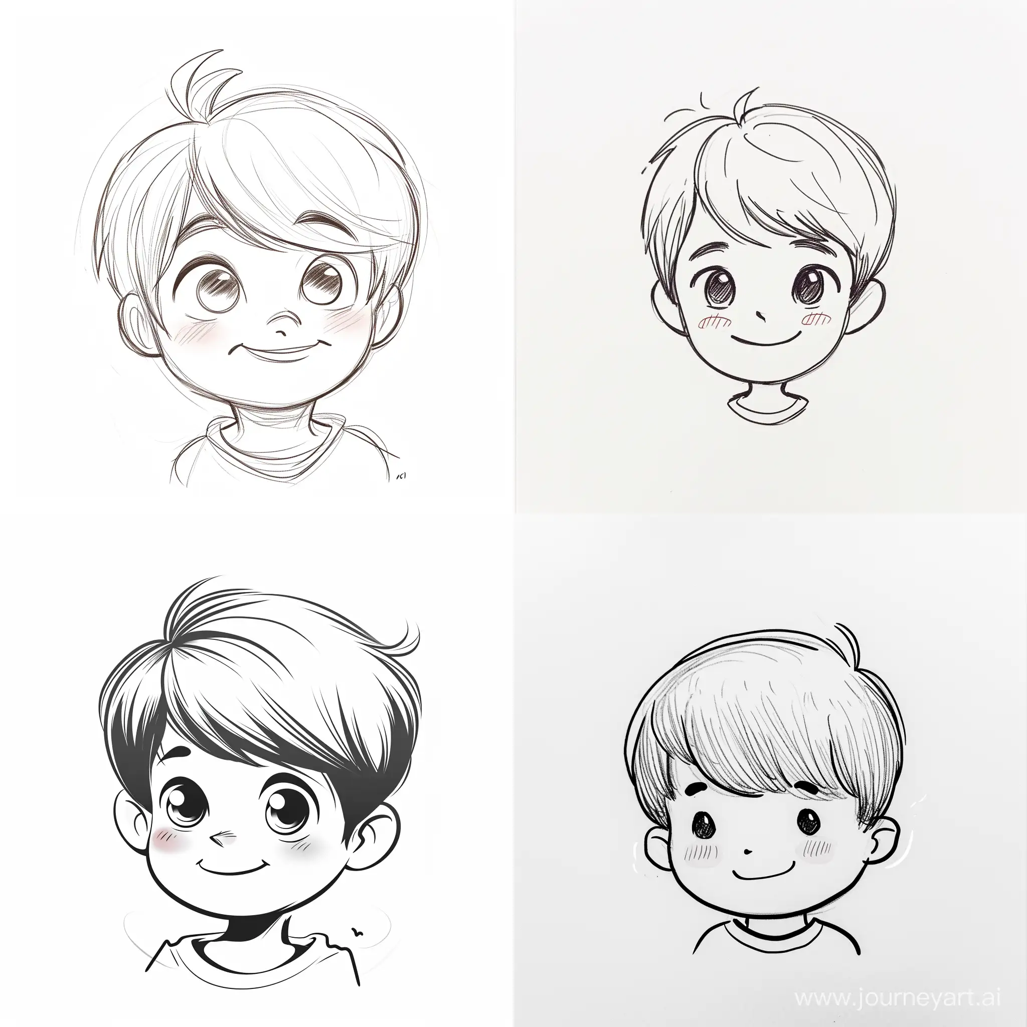 A doodle of a young cute boy character with a cute expression, blushing cheeks, side part hair style, drawn in a minimalist style on a white background, tiny eyes, looking to the left about 40 degrees from the screen, confident smile (Happy Doodle Character, Minimalist Anime Style Character, Cute Line Drawing)