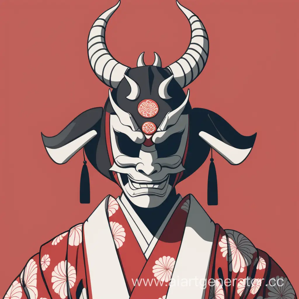 Парень в традиционном японском кимоно, с рогами на голове и маской 