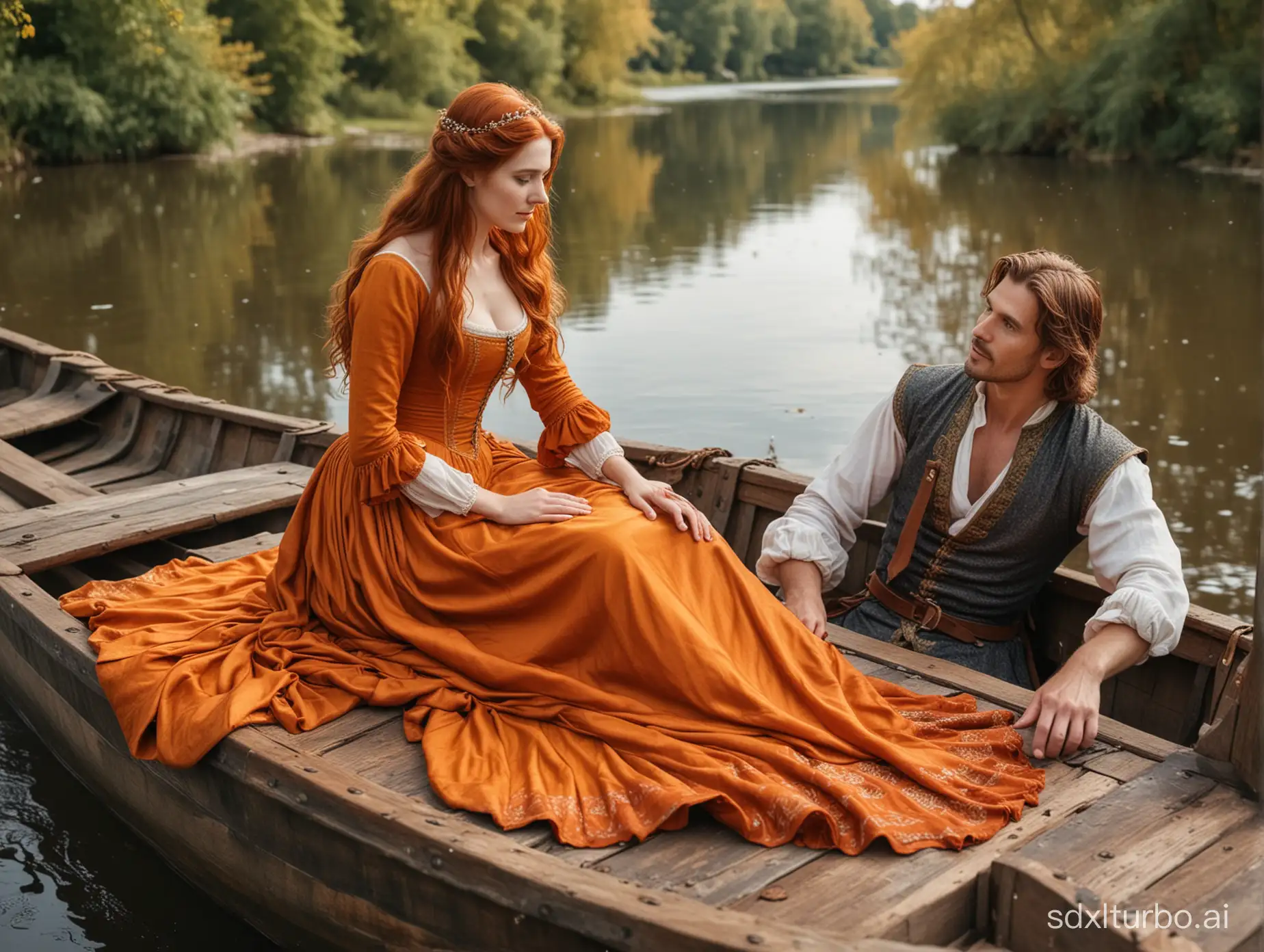 A handsome guy in his thirties with long brown hair in a beautiful medieval costume sits on an overturned boat by the river and looks at a red-haired girl in a medieval gorgeous orange dress with a large neckline, who has put her bare foot on the boat and is pushing back her wet hair