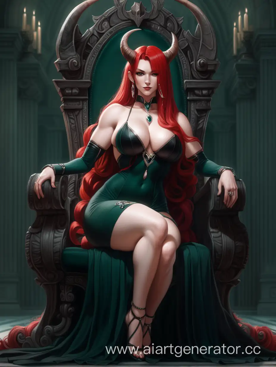 Lilith, athletic body, thick thighs, big breasts, long blood red hair, sitting on the throne, dominant pose, queen's dark green and black dress, big long horns, female character 