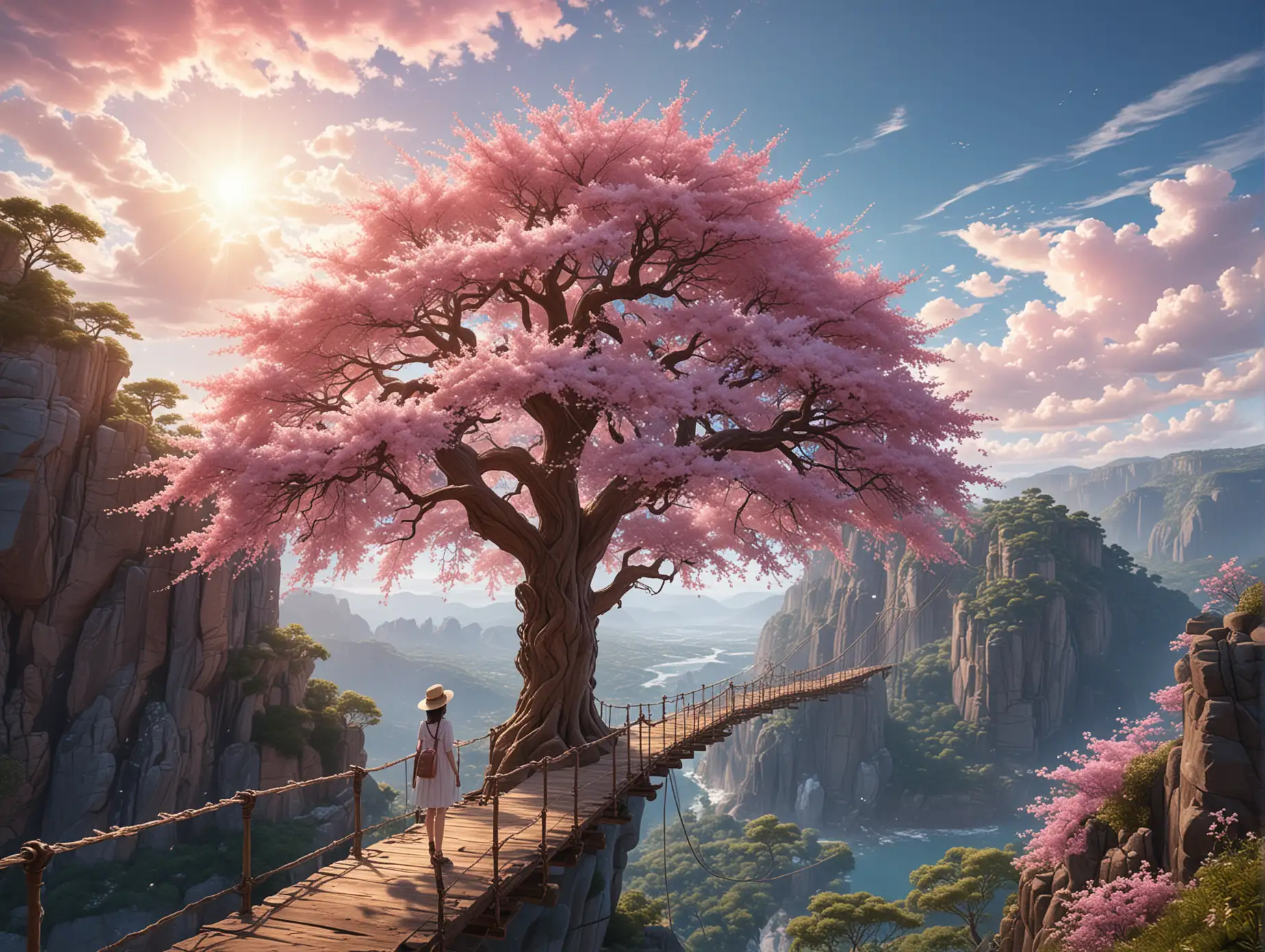 Afternoon light, A breathtaking, ultra-realistic photo capturing a colossal tree adorned with crystal blossoms, situated at the edge of a high cliff. A hanging bridge connects the two cliffs, and a girl wearing a straw hat walks bravely across it. The sky is filled with anime-style fluffy pink clouds, and the vast, blue sky stretches out in the distance. The far-angle view allows for a fully detailed and immersive experience of this awe-inspiring scene.