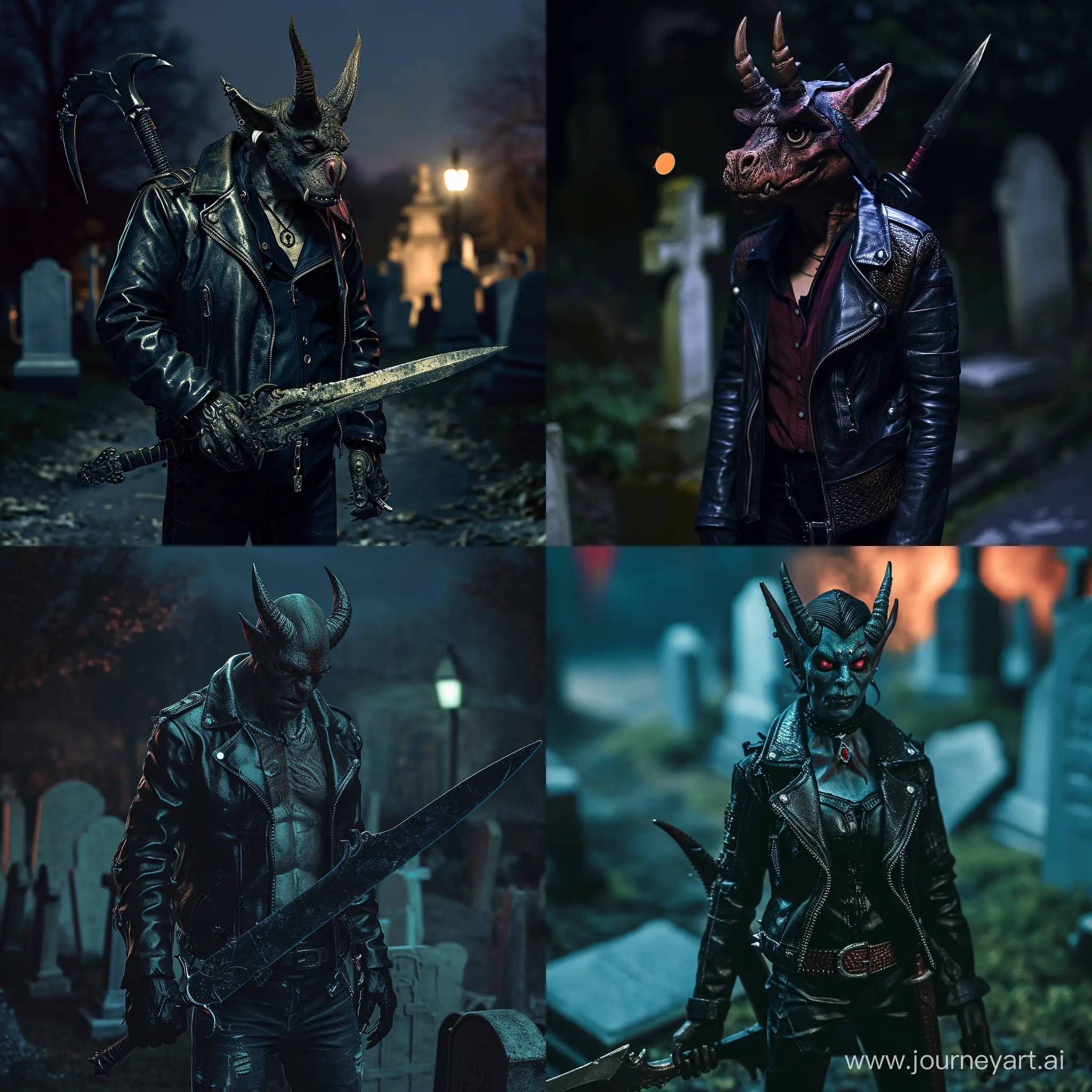 брутальный тифлинг с кожаной курткой, рогами и рапирой стоит на кладбище ночью