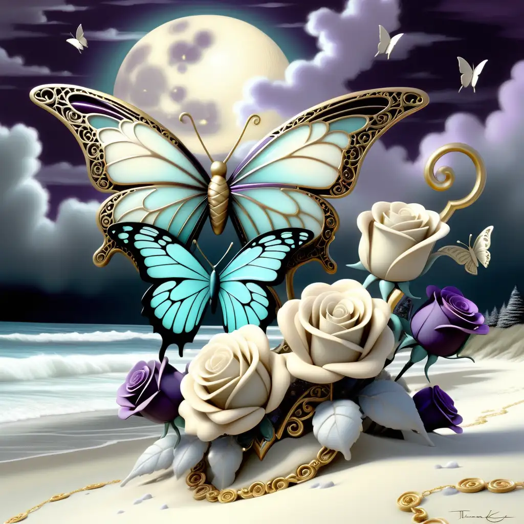 Two hollow linked heart, glitter, sparkle, glowing, filigree butterfly, bi-colored roses, in a beautiful winter beach scene, moon light, fluffy clouds, dark purple, ivory, teal, mother of pearl, gold, black, Thomas Kinkade