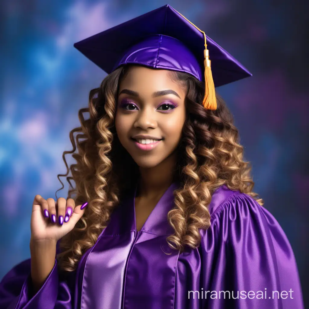 Create a hyper realistic African American young lady around age 17. She is wearing a purple graduation cap and gown. She has long ombré curly hair, long lashes, long colorful nails. She is posing for a graduation photo shoot 