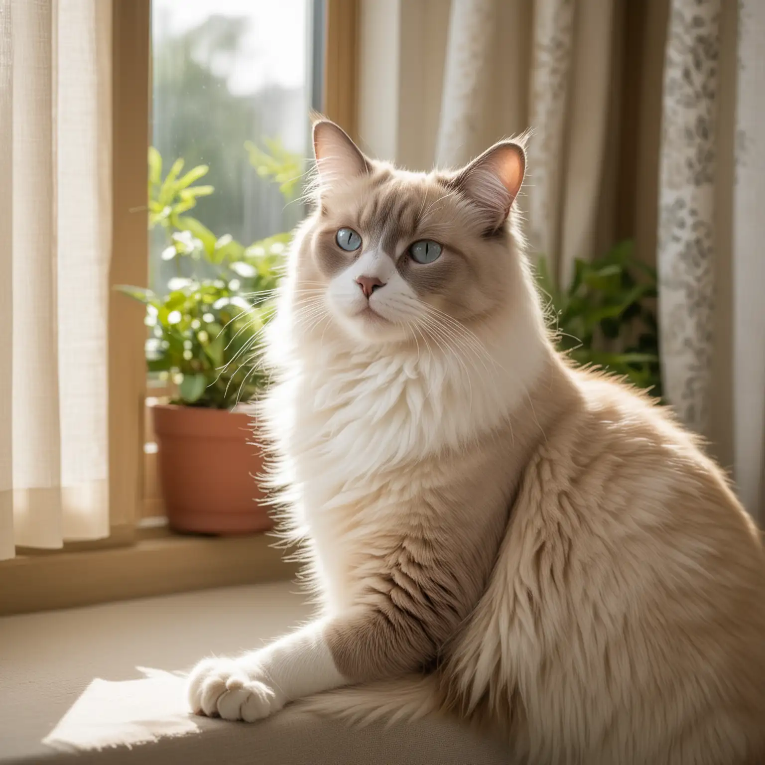 /imagine prompt: A graceful Ragdoll cat lounging on a sun-drenched windowsill, dappled sunlight filtering through sheer curtains, casting soft shadows on its fur, a potted plant beside it, capturing the cat's relaxed posture and content expression, Photography, using a DSLR with a 50mm prime lens, f/2.8 aperture, --ar 16:9 --v 5