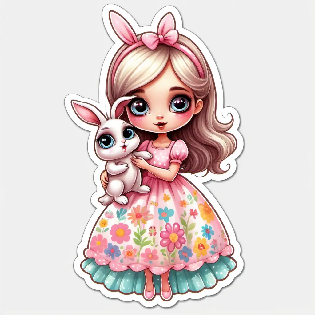 Cute,fairytale,whimsical, cartoon, illustration, sticker, playful easter princess, full length, pink flowered dress,big eyes, colorful,pastel, holding a baby bunny, white background ,