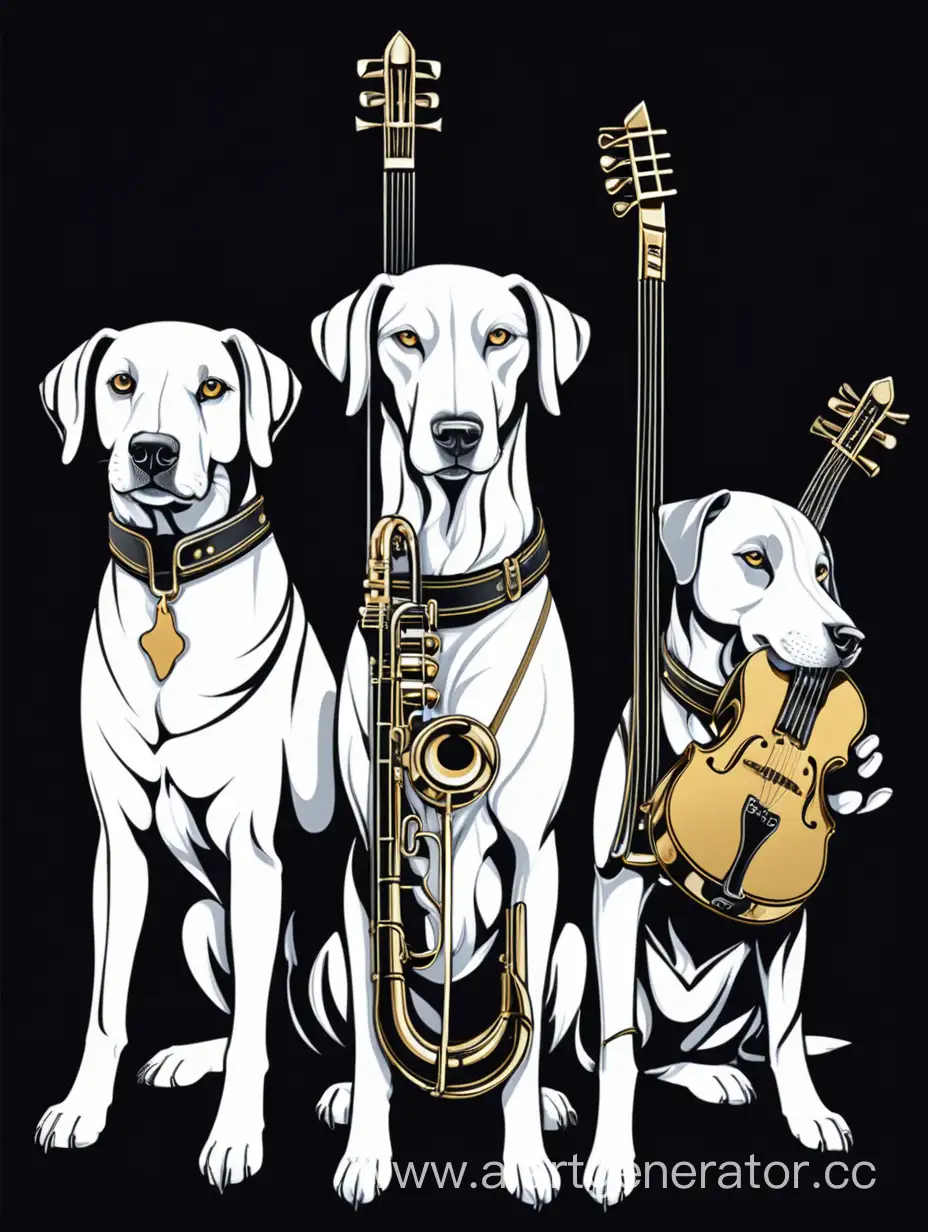 Vector t-shirt design featuring three elegant and beautiful dogs, each holding a modern musical instrument. Each dog possesses a unique and stylish appearance, portrayed in a magnificent artistic masterpiece set against a black backdrop. The scene exudes an electrifying atmosphere.

