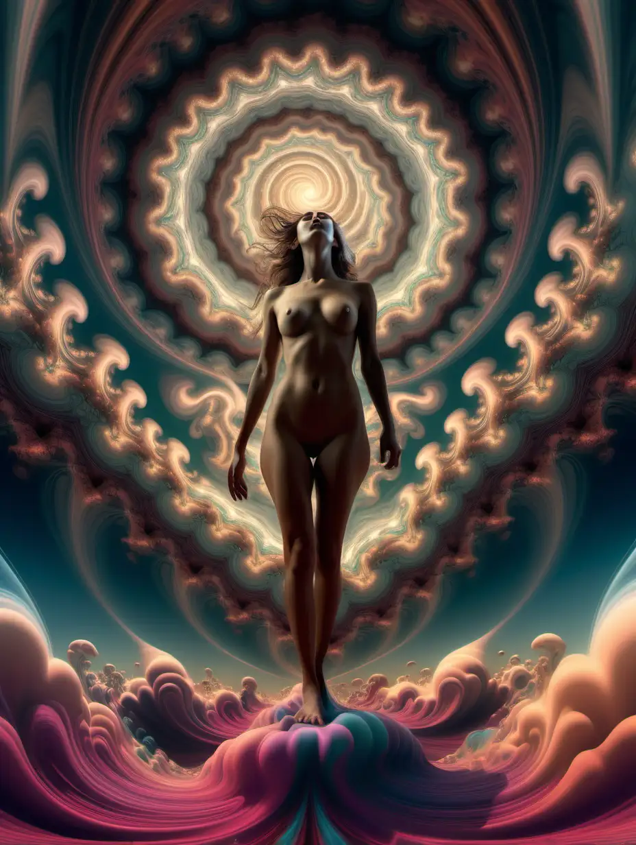 Psychedelic fractal sky with swirling fluid , nude female figure standing in center, hyper realistic, moody and euphoric
