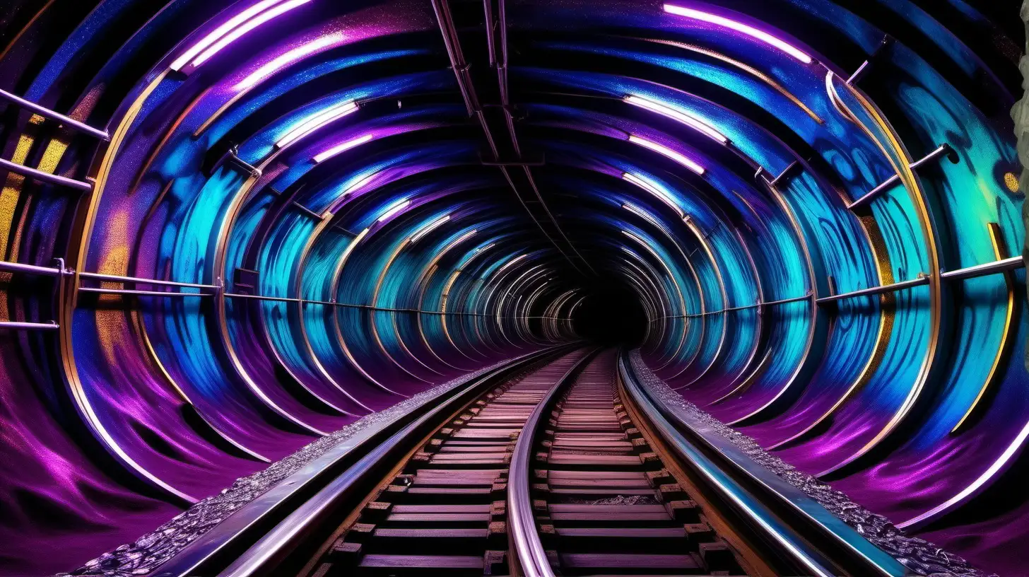 wide and deep underground tunnel. one set of tracks. one very large gondola. neon chrome iridescent blue. thick purple. gold. luxury. very intricately and microscopically detailed. iridescent nebula.