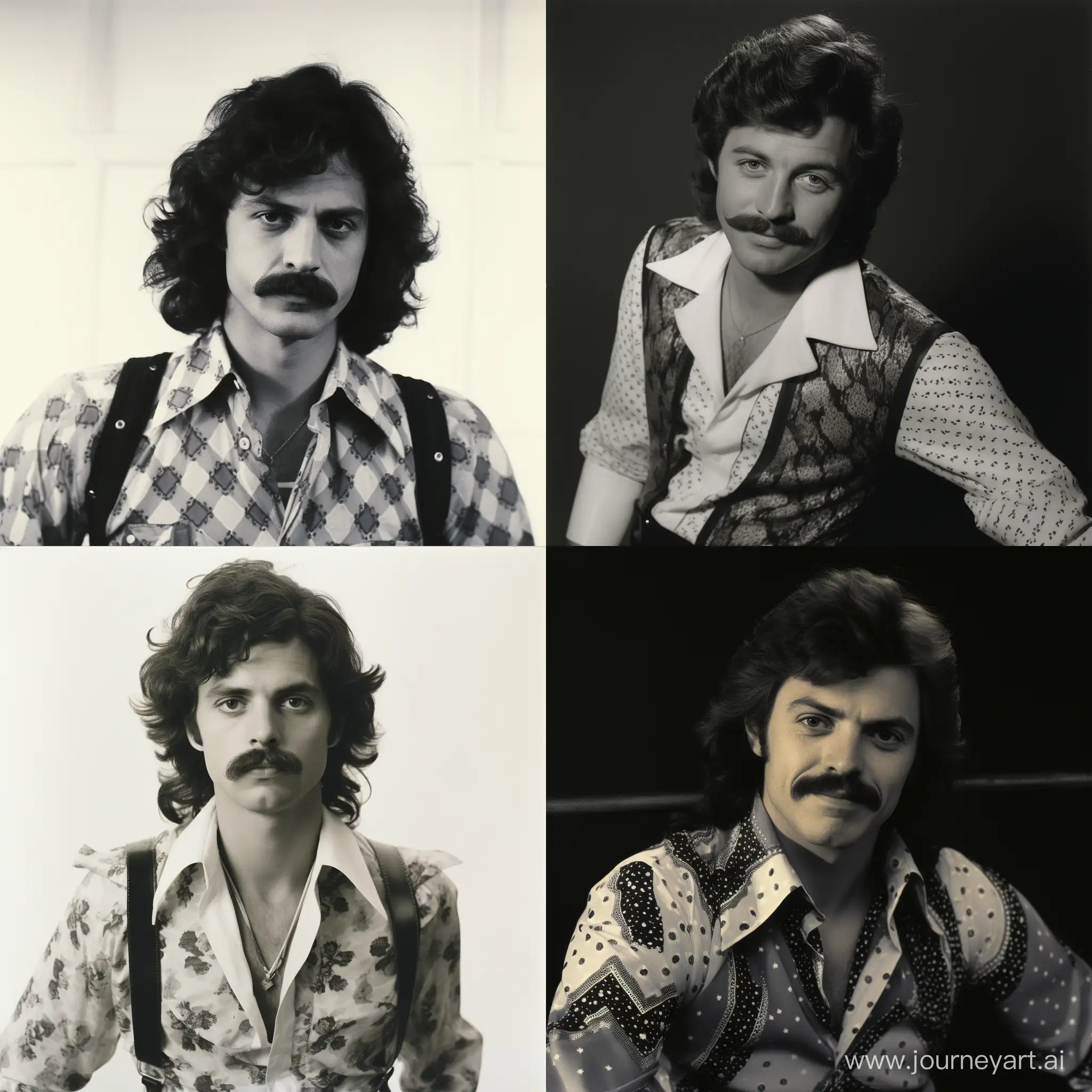  You've shared a black and white photograph of a person with a noticeable 1970s or 1980s fashion style, indicated by the hairstyle, mustache, and printed shirt. The person is wearing suspenders and the shirt features a distinctive pattern and pointed collar, both of which are indicative of fashion from that era. The image itself appears to be a portrait and could potentially be from a personal ID, a passport photo, or simply a personal keepsake taken for remembering a certain time in life. The quality of the photo suggests it could be a scanned image of an older physical photograph.