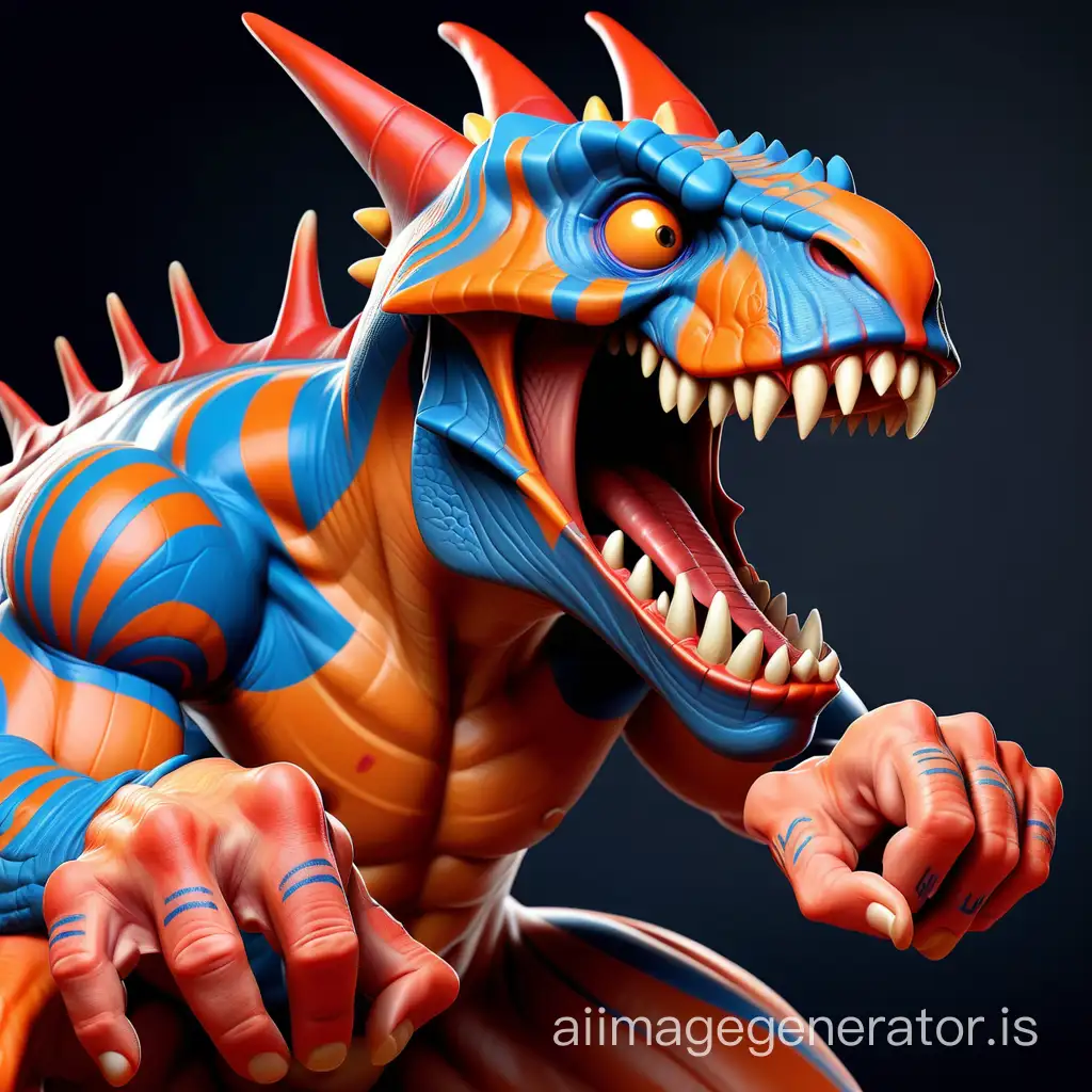 A muscular creature that looks like a mix of a dinosaur and a dragon. The creature is mostly an orange colour with bright blue stripes and marks on its body. He has a bold expression, with an open mouth that reveals sharp teeth. His hands are raised, showing defined muscles and fingernails on both hands. There are certain red marks or tattoos on the creature's left hand Full body in Zoom out