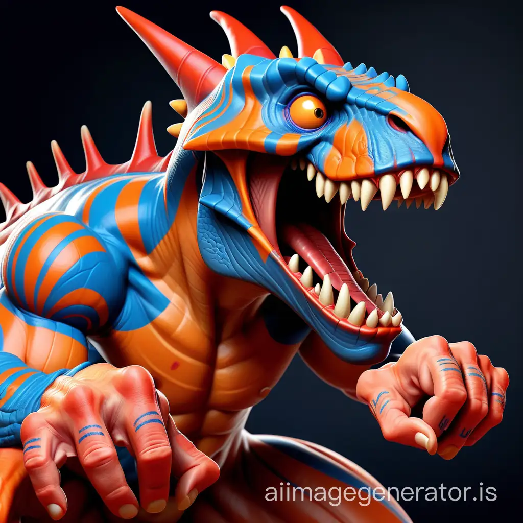 A muscular creature that looks like a mix of a dinosaur and a dragon. The creature is mostly an orange colour with bright blue stripes and marks on its body. He has a bold expression, with an open mouth that reveals sharp teeth. His hands are raised, showing defined muscles and fingernails on both hands. There are certain red marks or tattoos on the creature's left hand Full body in Zoom out