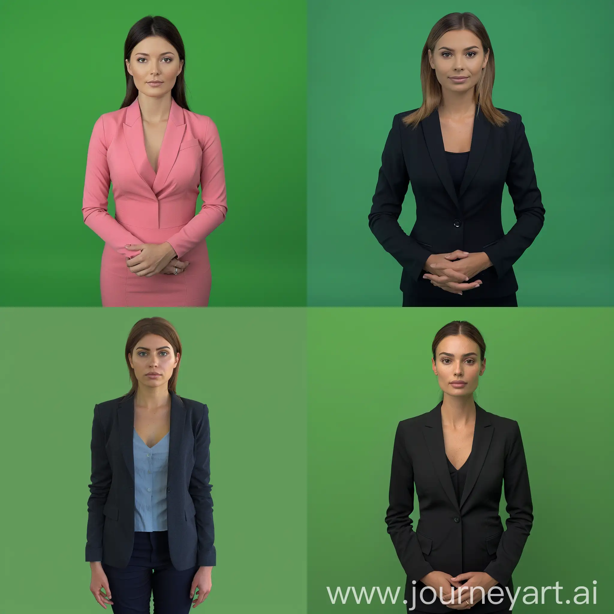 Produce a lifelike portrait of a formal female news presenter with appropriate clothing. The image should depict a presenter standing upright, still with no movement, use a head-to-belly portrait, with a natural expression ready to start telling the news 
in a rested and relaxed position. The presenter should have straight hair or neatly styled hair with minimal layers. Additionally, ensure that the presenter's hands are positioned naturally and comfortably, avoiding any awkward or unnatural poses.
Utilize a high-quality, front-facing photograph with well-defined lighting (avoiding any shadows as the light is from the front), also remove reflections.
Ensure that the background is a solid chroma ONE green only color (0x00FF00) without any reflections or variations in hue. 
To facilitate future cropping, ensure even borders with solid colors, without gradients, for both the borders of the person and the background.