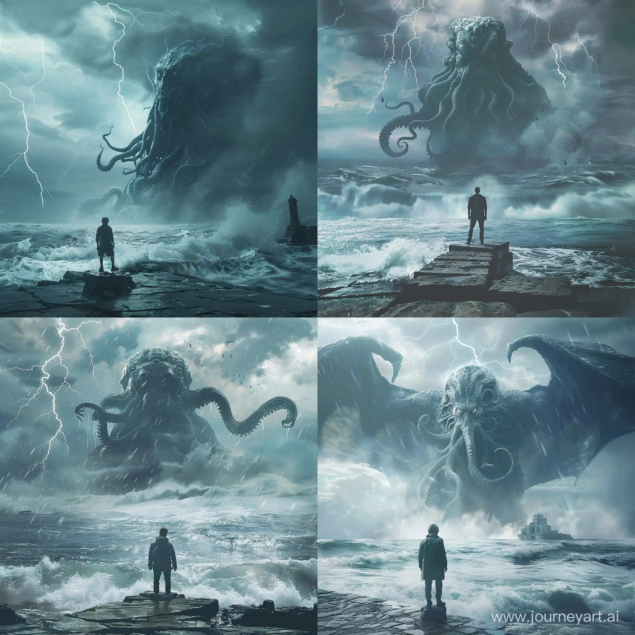 man stands on a stone near the stone shore, against the background of a giant Cthulhu coming out of the ocean, thunder in the sky, waves moving away from the monster, ultra-realistic, hight details, cinematic