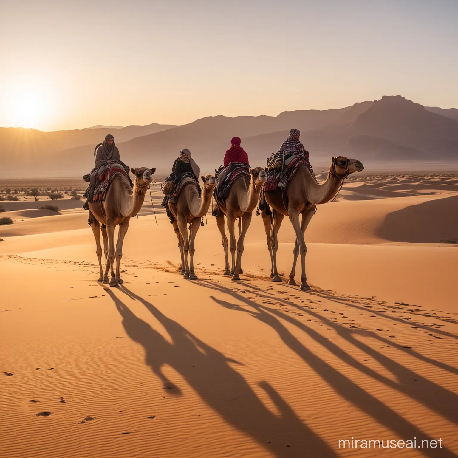A few nomad peop,e are walking trouvh the desert full wide body portrait with two camels by sunset light 24mm fuji xt3 soft light and co ntrast detailted foto realistisch