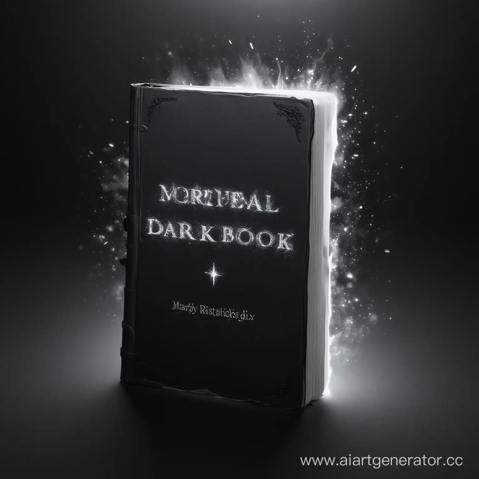 Тёмная минималистичная книга, белое яркое сияние, надпись "DARKBOOK", спецэффекты