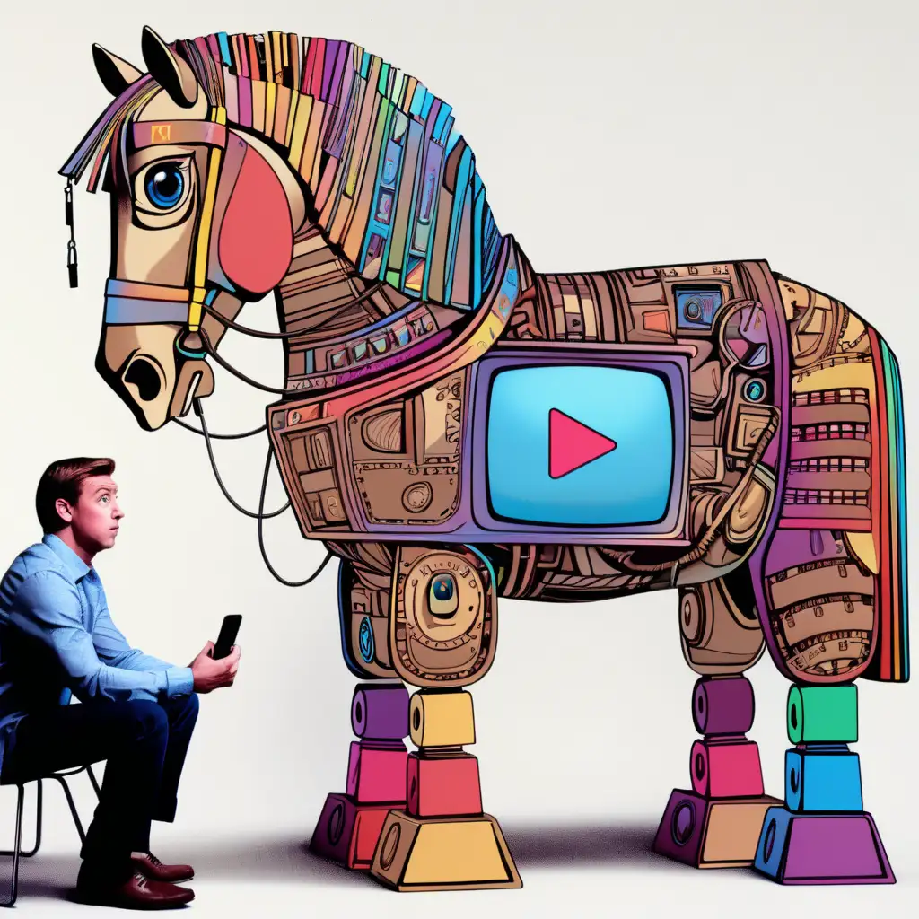 Colored image: Kevin looks the video Trojan Horse