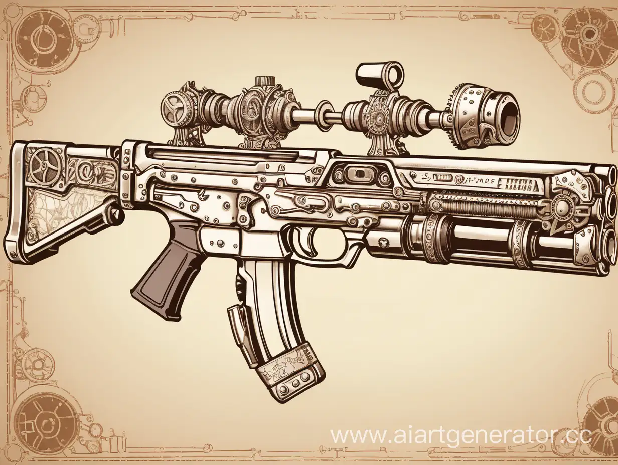 shortened homemade assault rifle, with inserts of steampunk mechanisms, technomagic.
on a one-color background, drawing, comic book.
