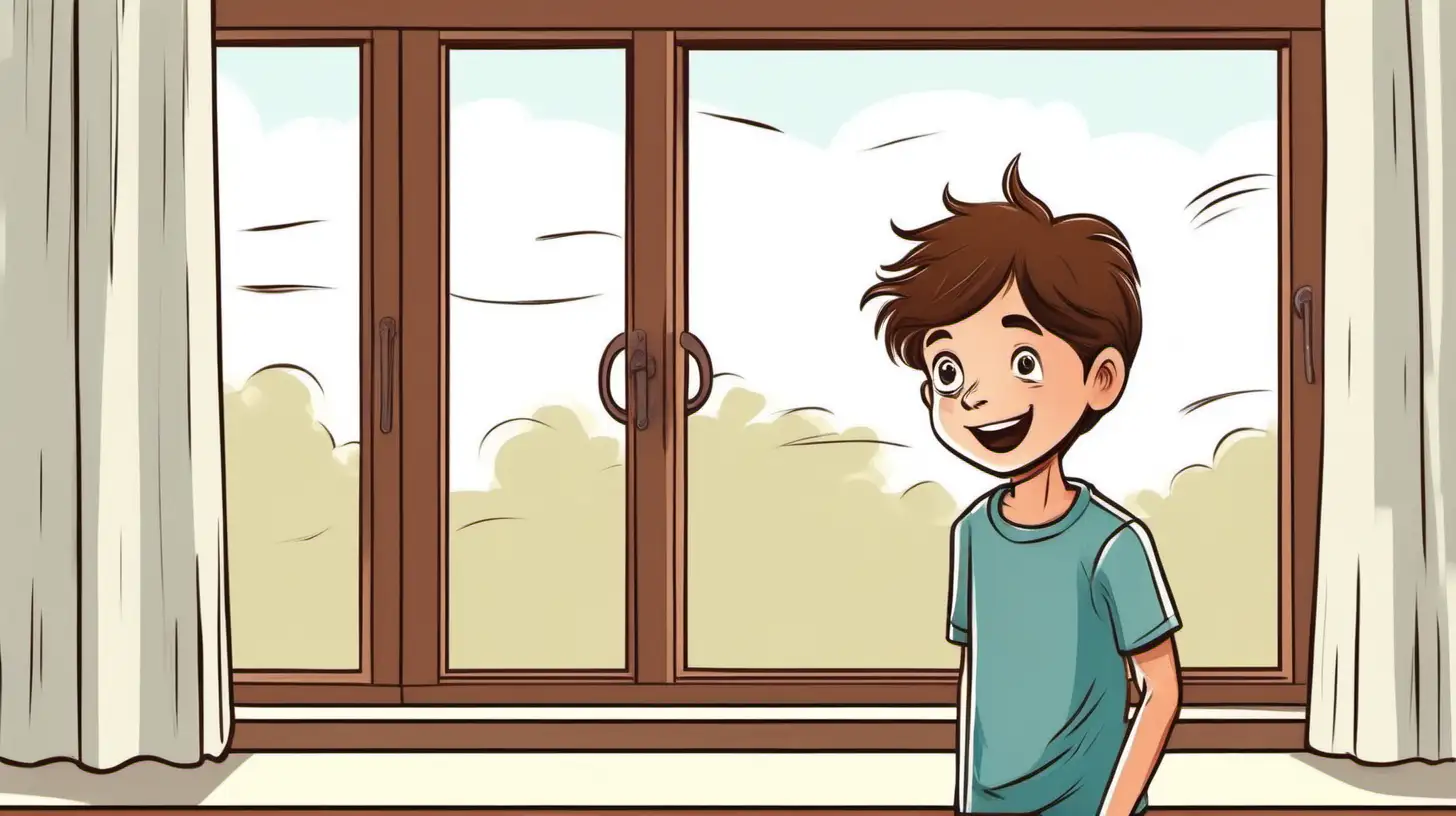 illustrate a ten years old brown hair boy Standing in front of the window, he turns and looks at his family with joy, day time