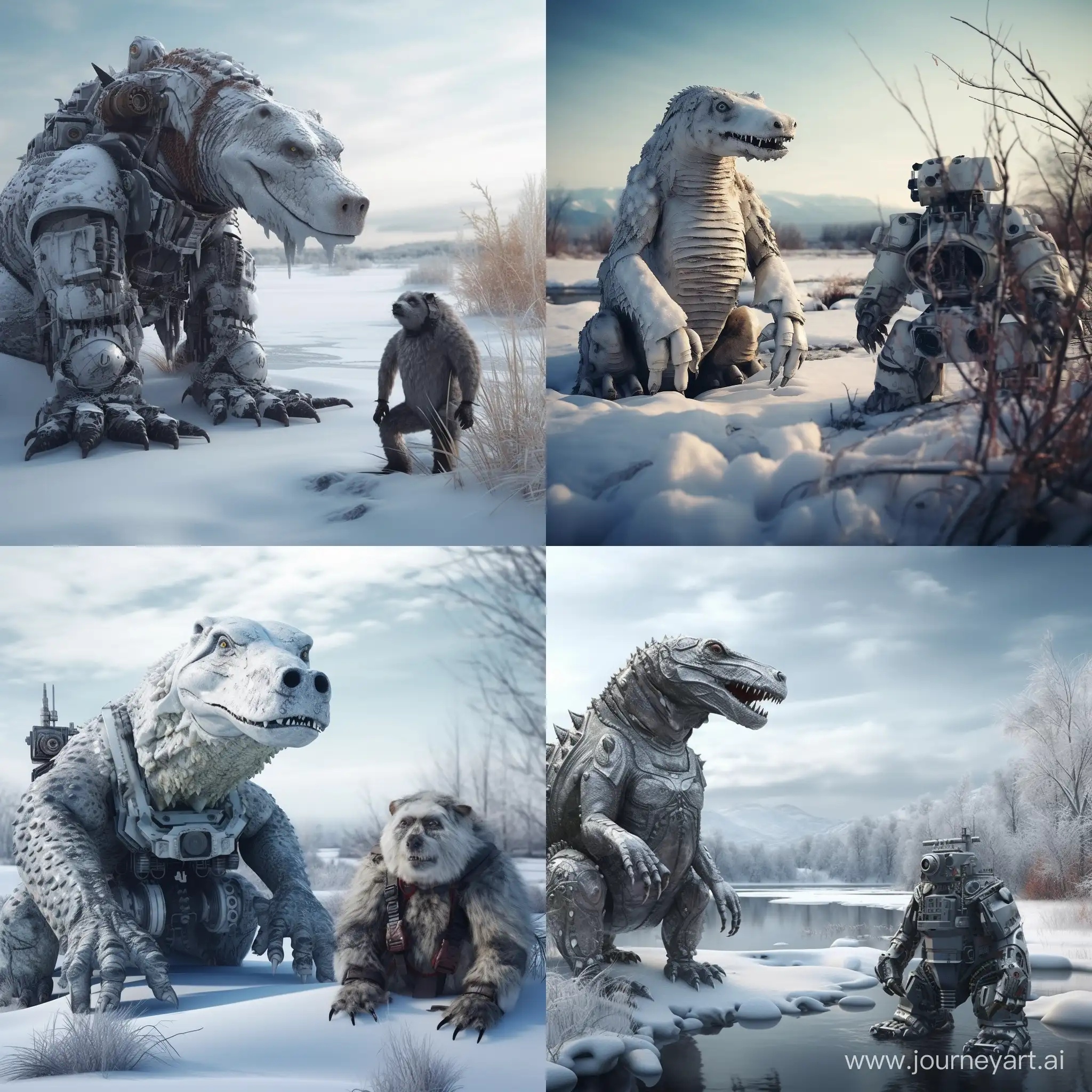 Realistic-Robotic-Crocodile-and-Bear-in-Snowy-Siberian-Landscape