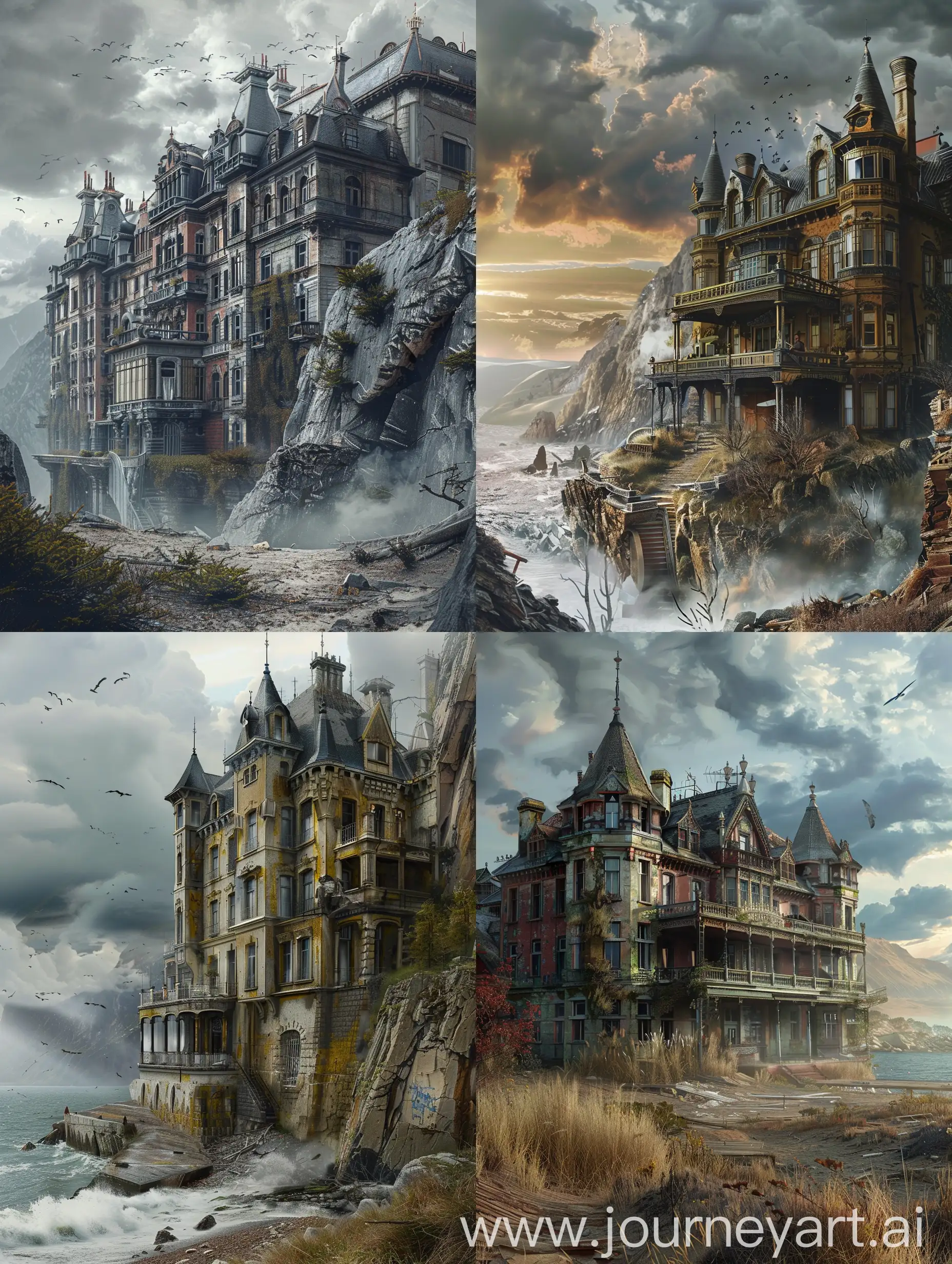 a beautiful old hotel at the edge of the dying world. photorealistic picture