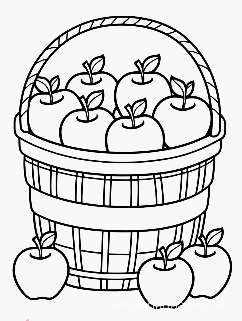 Kawaii basket of apples, Coloring Page, black and white, line art, white background, Simplicity, Ample White Space. The background of the coloring page is plain white to make it easy for young children to color within the lines. The outlines of all the subjects are easy to distinguish, making it simple for kids to color without too much difficulty