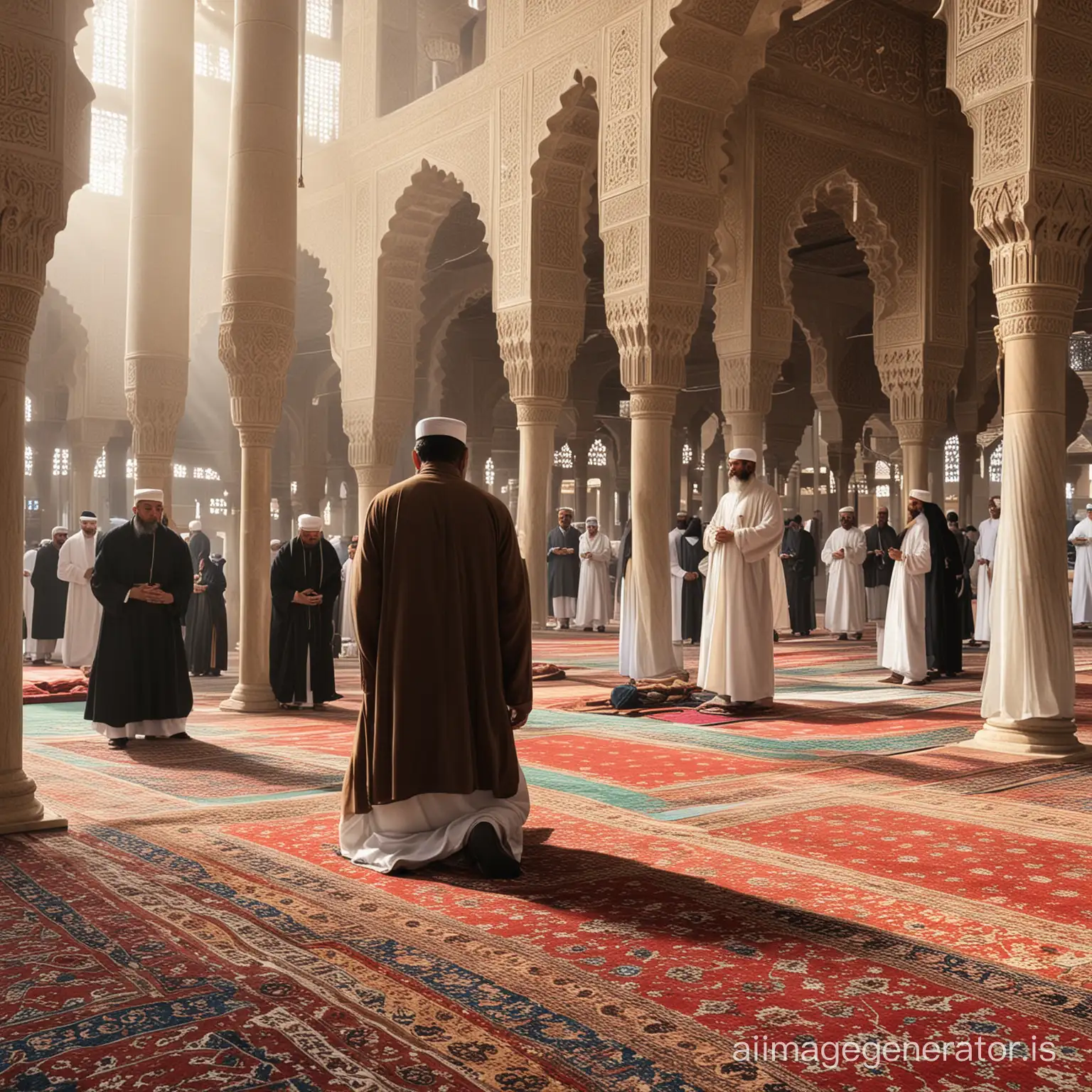 A Muslim king is offering namaz in the mosque 