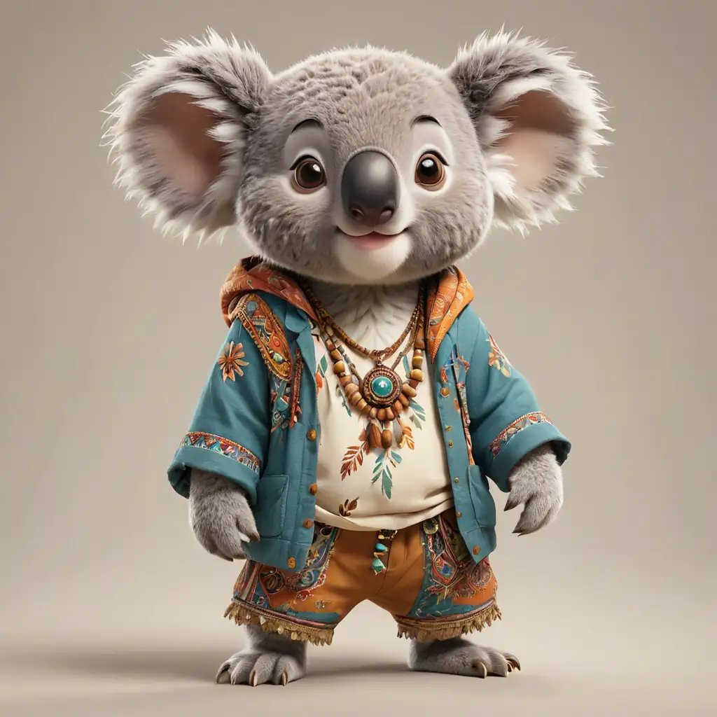 a koala in cartoon style in full body with boho clothes with clear background