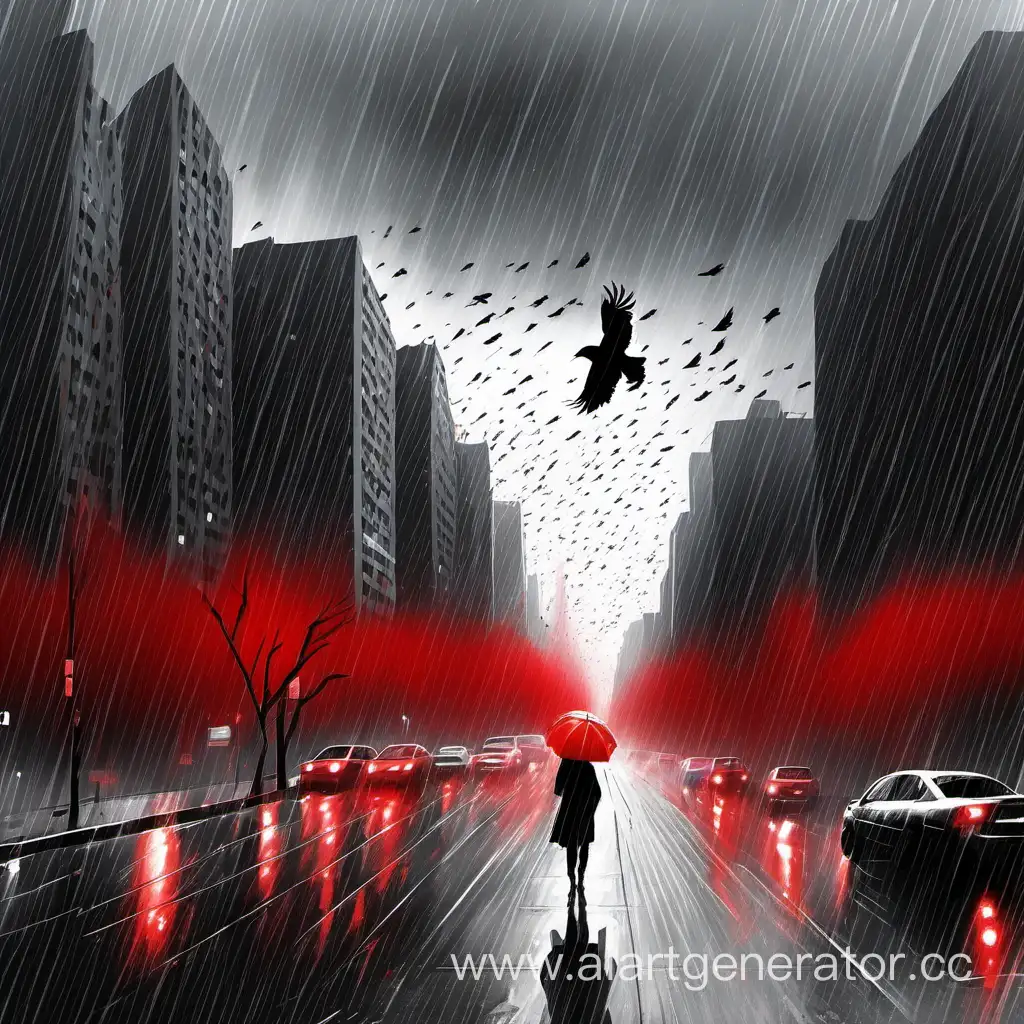 Красный цветом дождь идёт в сером цвете городе, над городом пролетают вороны
