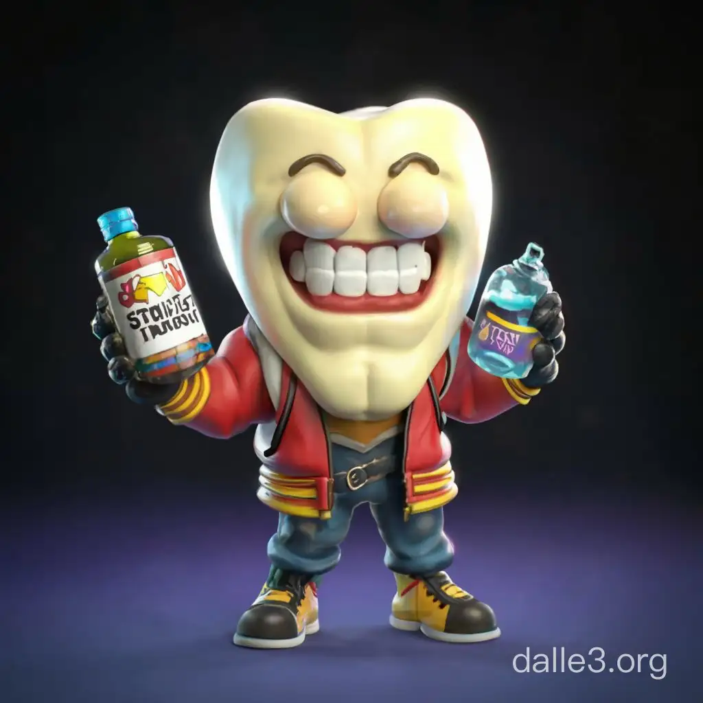 character tooth strongman, a large white tooth, around a zipper, holding an elixir of strength in his hand, a magic tooth, a bright colorful image, 3D, render