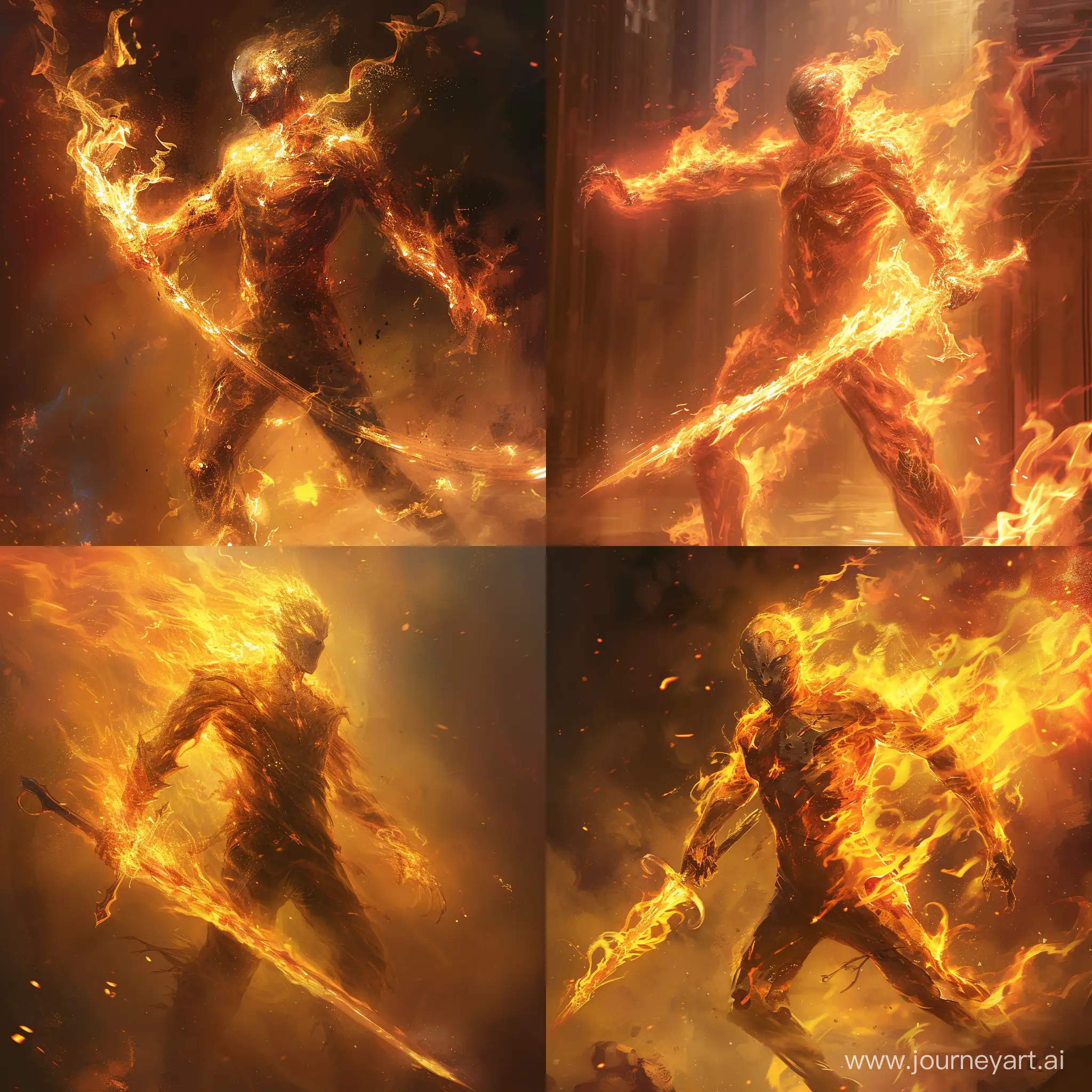 "In the heart of the inferno, a figure emerges, his form flickering with the intensity of a thousand flames. He brandishes a rapier forged from the very essence of fire itself, ready to challenge any who dare to cross his path."