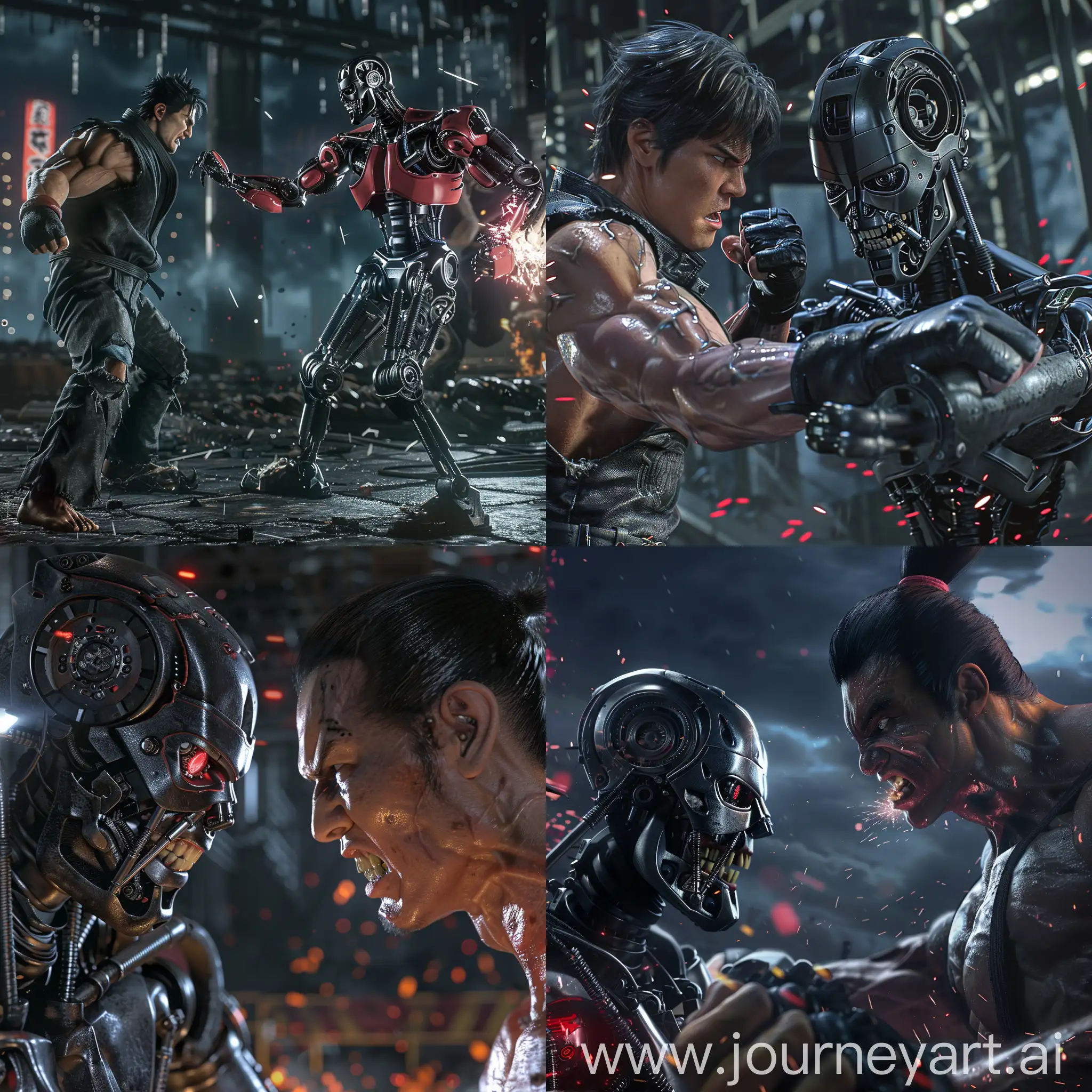 Jin Kazama from tekken fighting against t-800, cinematic, photorealistic