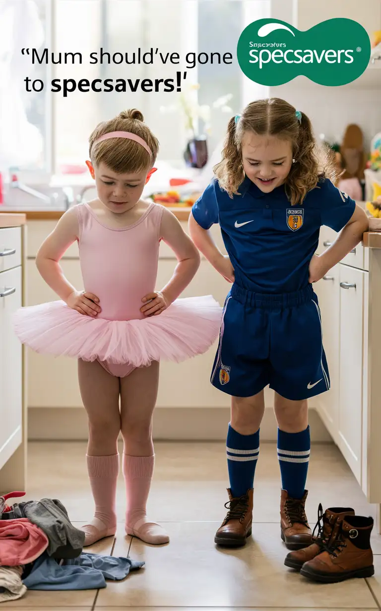 Gender role-reversal, Photograph of two siblings, a cute thin boy age 6 with a cute face and short smart spiky blonde hair is dressed up in a pink ballerina leotard and a frilly net tutu and short frilly pink cotton socks, a girl age 7 with long ginger hair in a ponytail dressed up in a blue football uniform and football boots, in a bright kitchen next to a small pile of clothes on the floor, the boy look slightly confused and the girl looks happy, they are looking down at their clothes, adorable, perfect hands, perfect faces, perfect faces, clear faces, perfect eyes, perfect noses, clear eyes, straight noses, smooth skin, photograph style, the photograph is captioned “Mum Should’ve gone to SpecSavers!” in a green SpecSavers logo