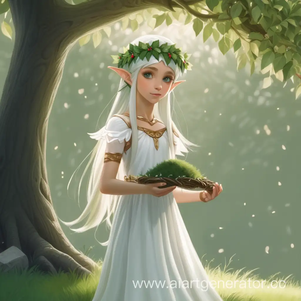 Enchanting-Elf-Girl-with-Wreath-in-White-Dress-under-Tree