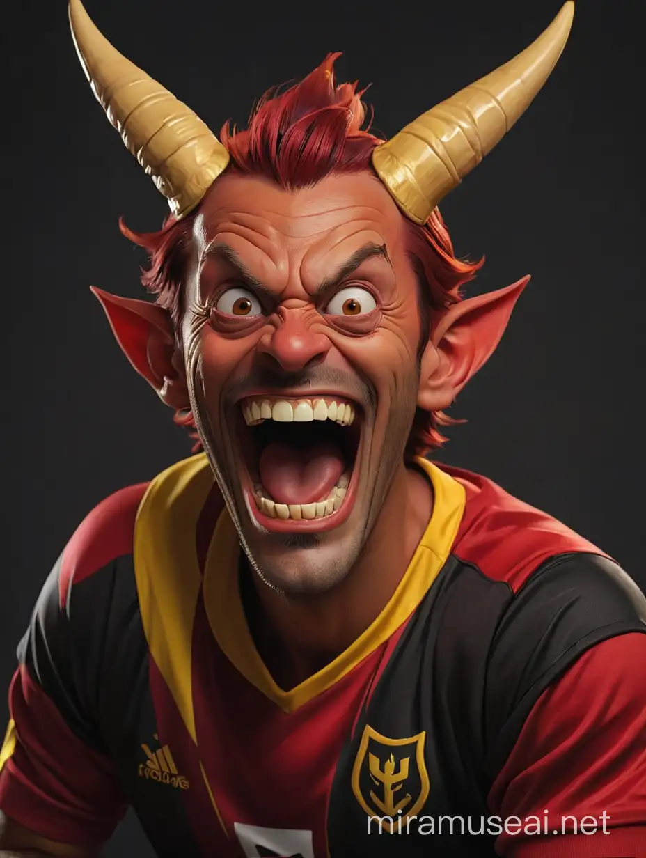 Laughing Mephistopheles Devil in Soccer Jersey with Yellow Vertical Bars