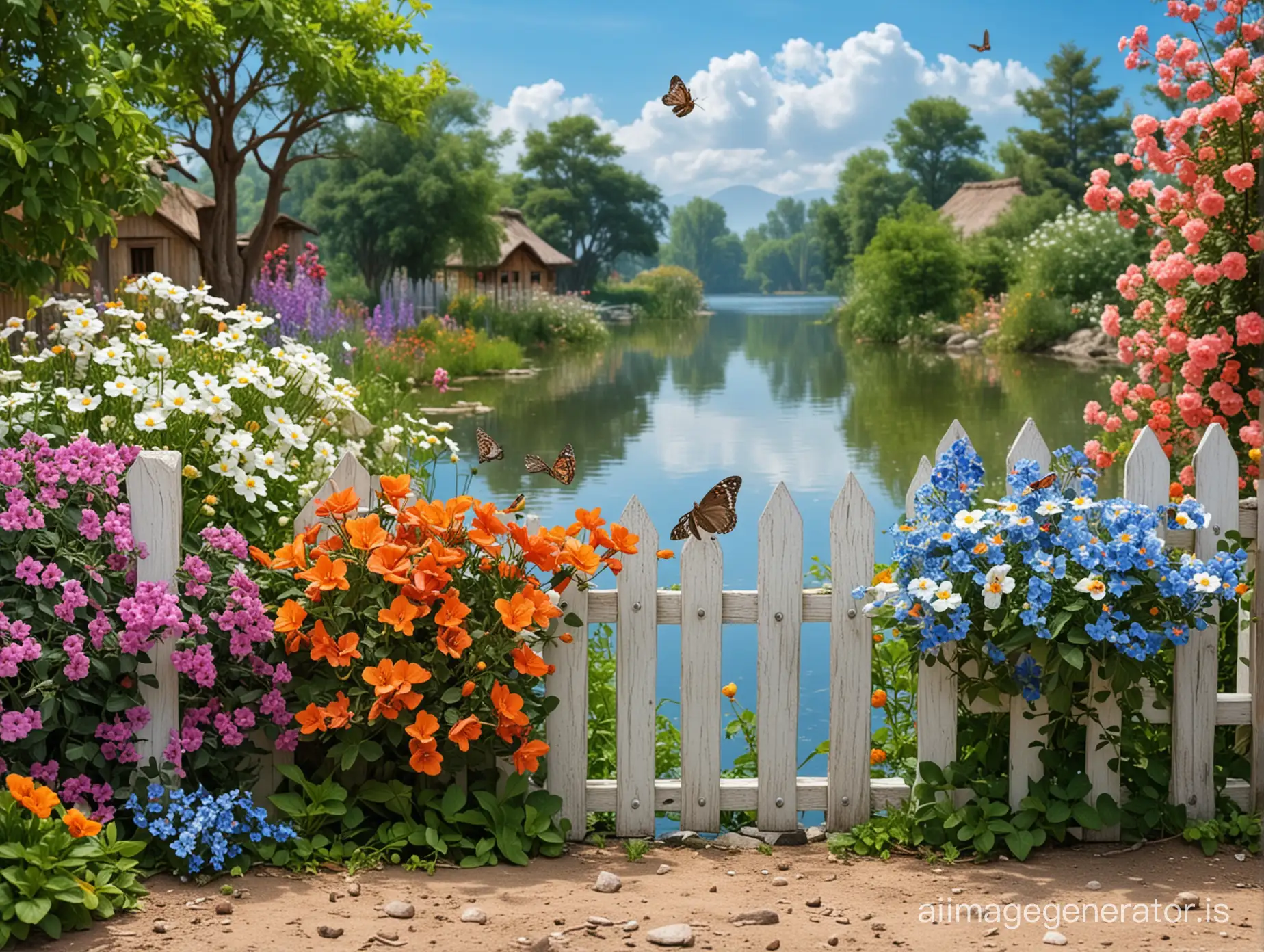 Beautiful background of the children's studio-boke-The lake and -bush-flower bush -rose -
 bush-tree-Lake-stone-Sparrow- Lilium-Lisianthus- African Daisy-African Violet-Beautiful little butterfly-Lilium flower-Primula vulgaris-Nasturtium-
 Mina flower-house pretty-Wooden fence-the road-Blue lake- dove
