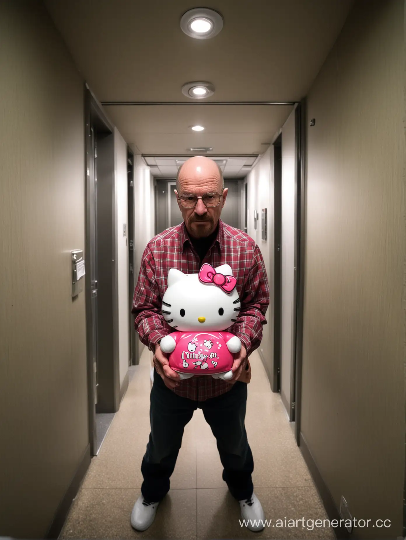 Walter White держит игрушку hello kitty в лифте в эффекте fish eye