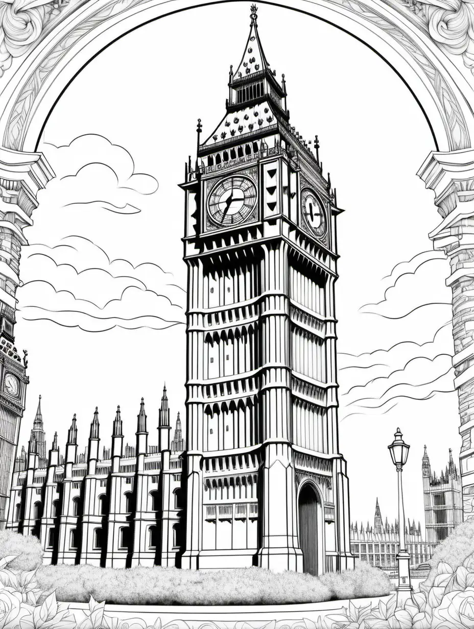 Detailed UK Landmarks Coloring Pages for Adults Fine Black Lines on White Background