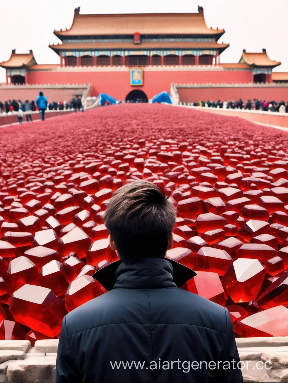 Светловолосый парень вид со спины на фоне пекинского запретного города. Повсюду растут большие красные кристаллы в человеческий рост 