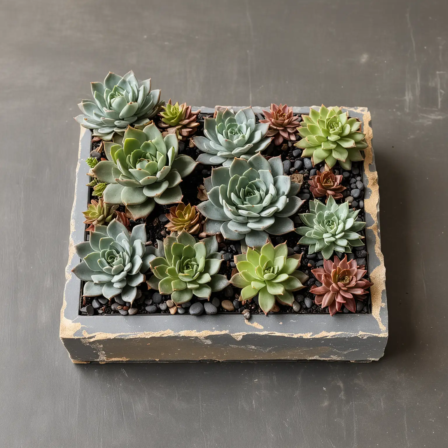 a rustic succulent centerpiece set on a slate tile for a base