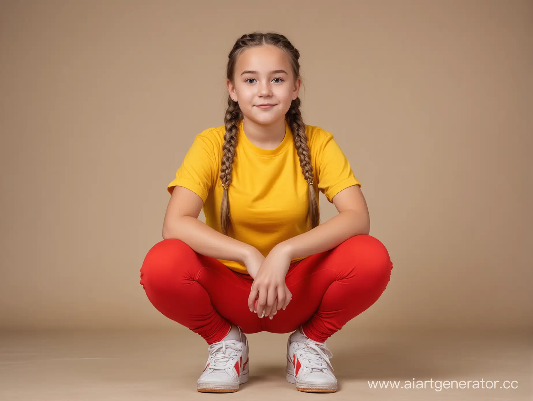 Слегка полноватая девочка 12 лет. Девочка с двумя косичками, круглым лицом. Девочка одетая в жёлтую футболку и красные лосины. Девочка сидит на корточках. Вид спереди 