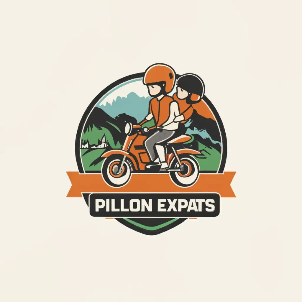 a logo design,with the text "Pillion Expats", main symbol:two people, one bike, hilly mountain road, pillion holding laptop,complex,be used in Education industry,clear background