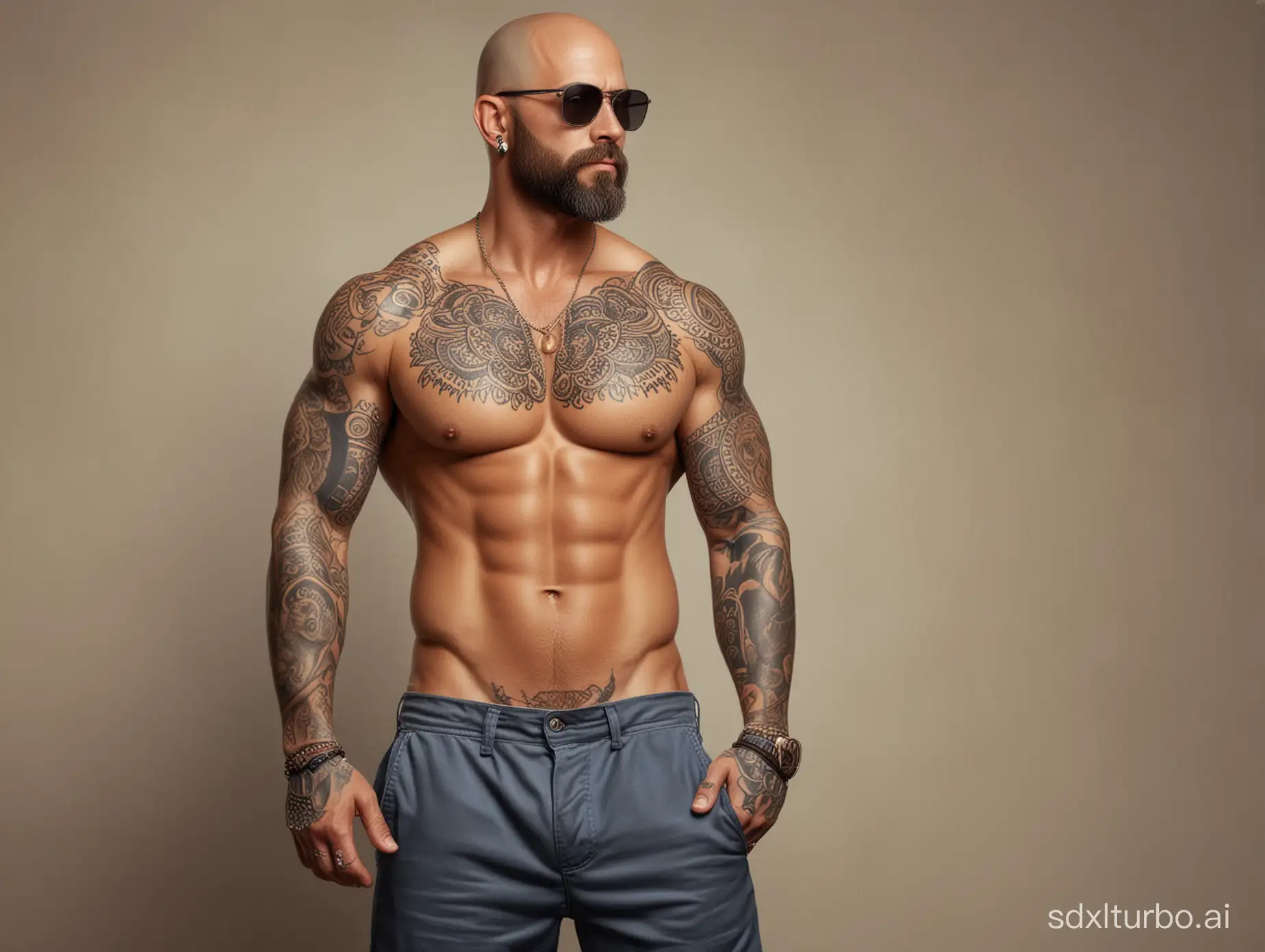 Realistic full body image of a tanned, bald, beard, tattooed, muscular man, sunglasses and earrings and naked
