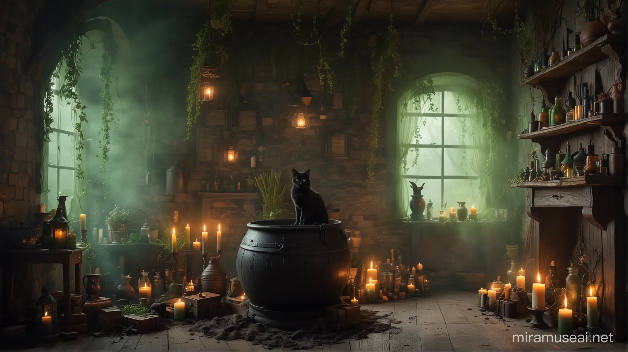 enchanted fantasy witch room with old cauldron and green fog in it and candles and vines and potions at the wall and black cats