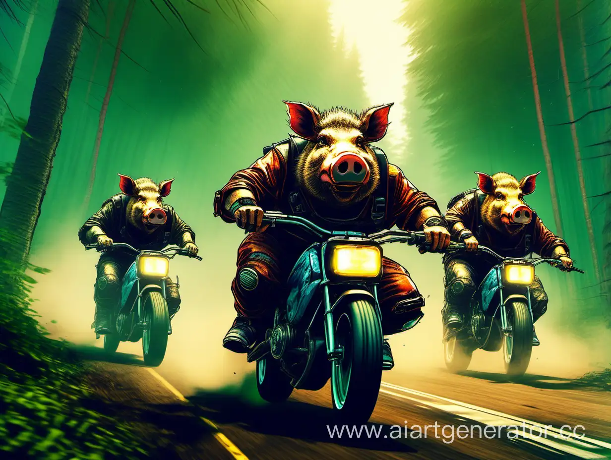 three boars are racing on a motorcycle, at high speed through the forest, in the summer, in cyberpunk style