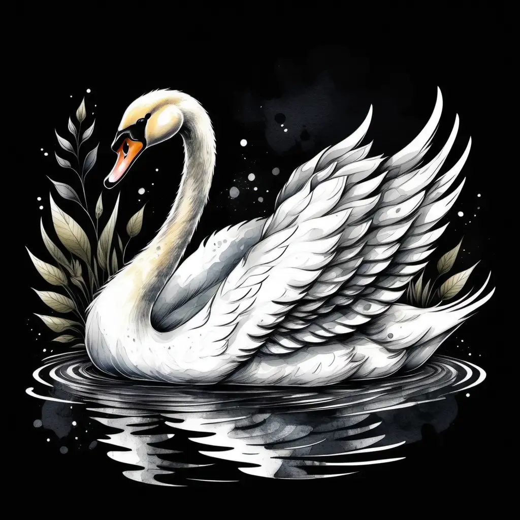 Graceful White Swan in Graphic Cartoon Style on Black Background