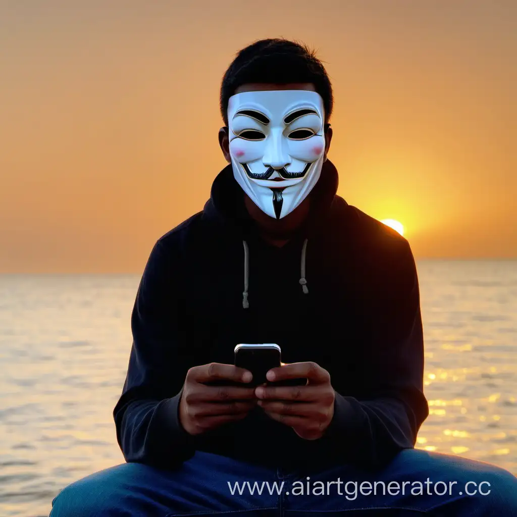 Мужчина сидит в маске анонимуса , в руках его айфон, позади него закат и море 