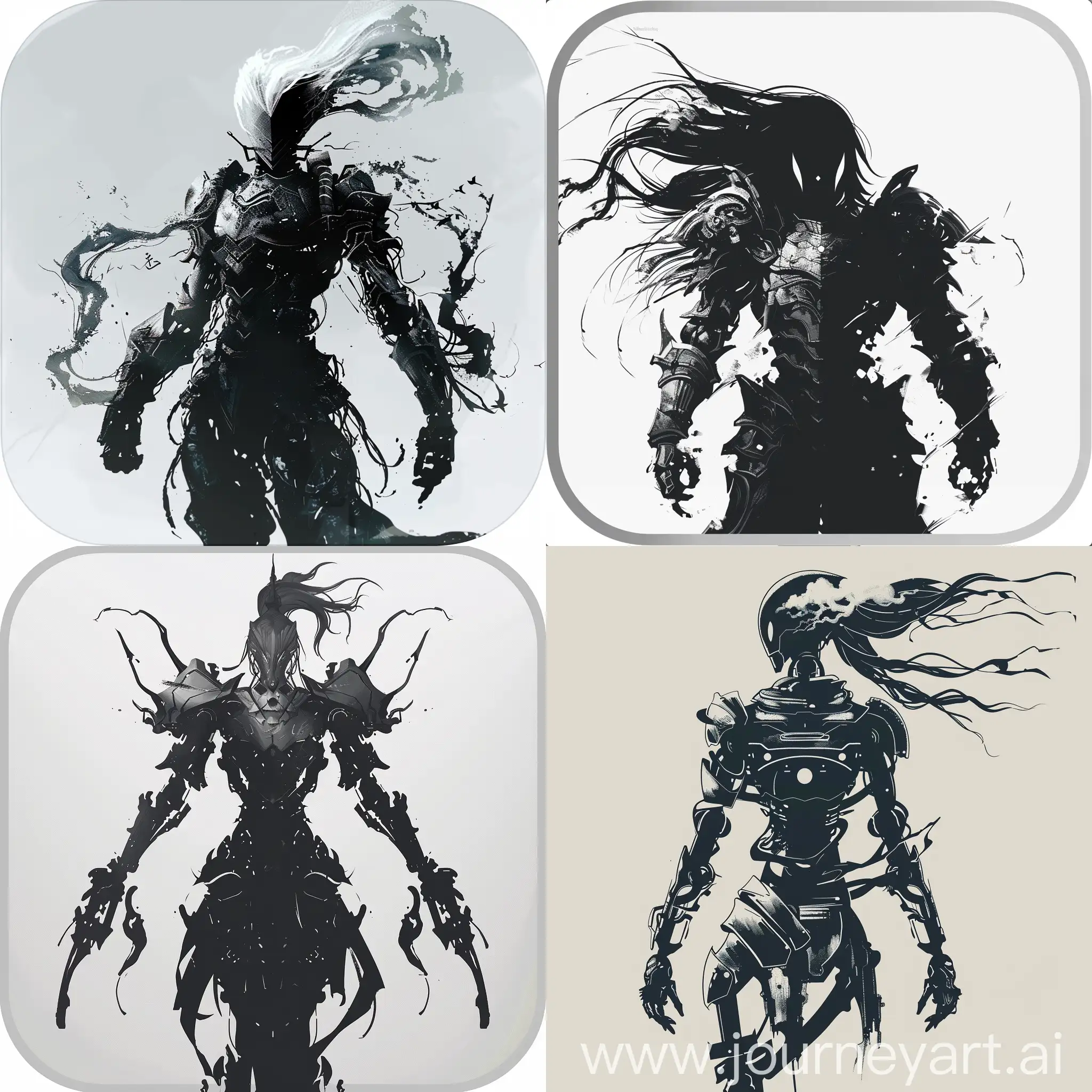 analog button of mobile moba game, there is a silhouette of a shinigami in armor with two arms sketching to the side, the shinigami has long cloud hair, conceptual , robotic shinigami